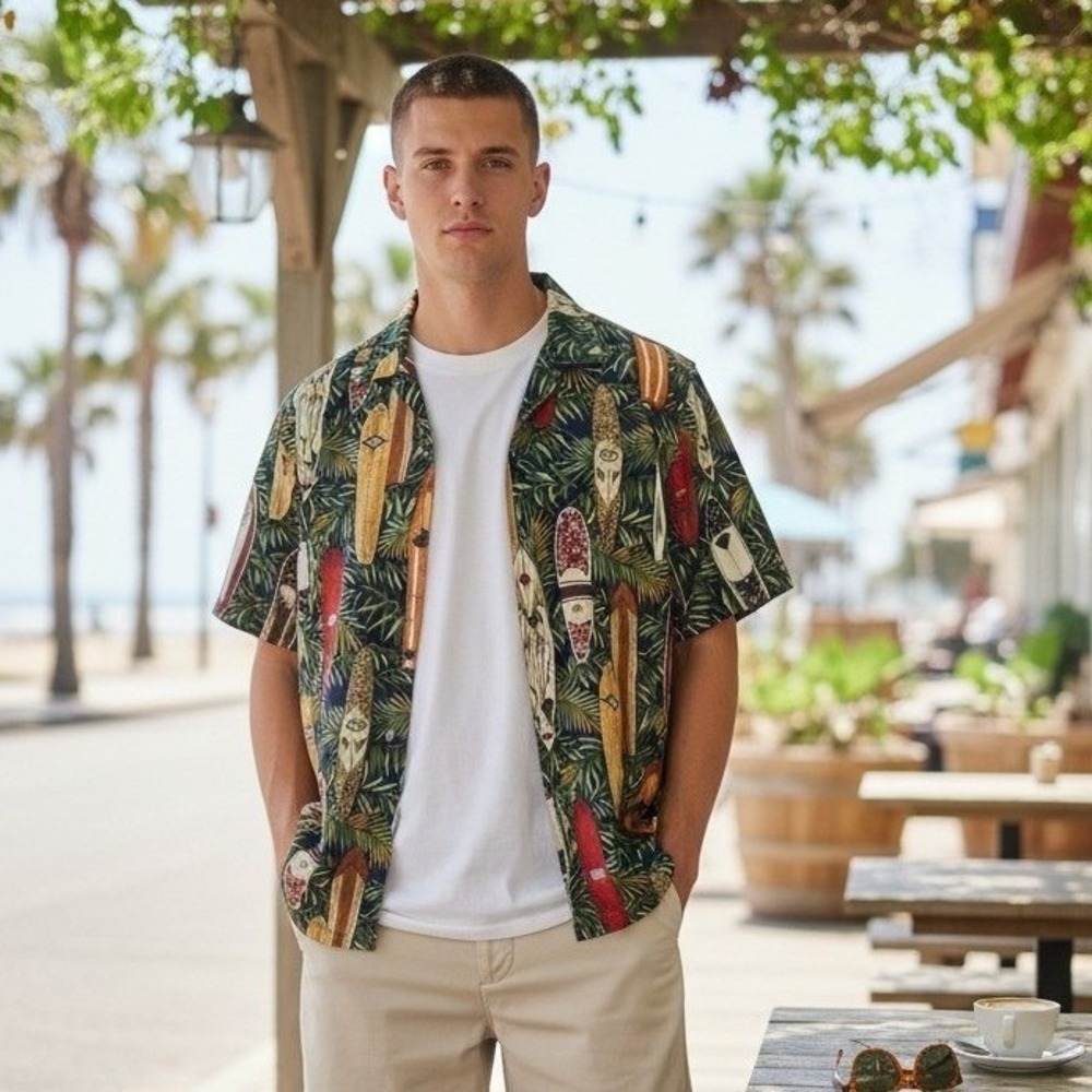 Vintage RJC Hawaiian Shirt Surfboard Print Made in Hawaii USA Size L‎ Vacation